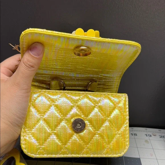 Yellow Pearl-Handle Kids Handbag with Doll and Flower Accent - Picture 3 of 4